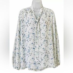 UMGEE Floral Blouse Womens Size L Tie Neck Top Ditsy Cottagecore Semi Sheer